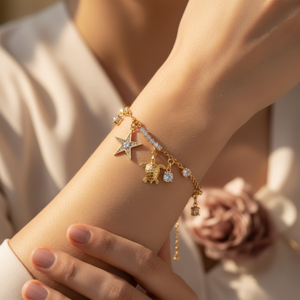 Star and turtle crystal charm bracelet worn on wrist with gold chain and crystal accents