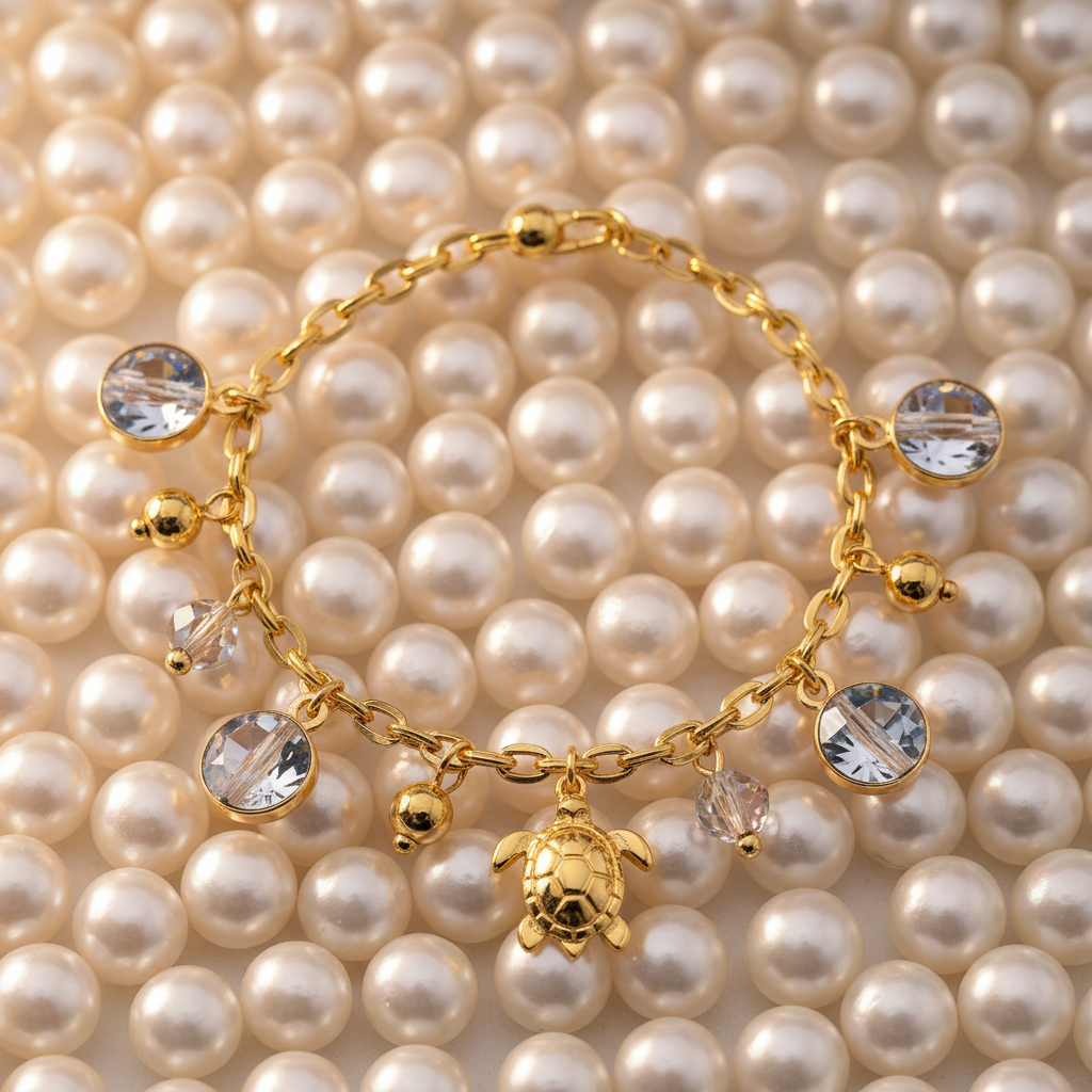 Gold charm bracelet with turtle and star charms worn casually